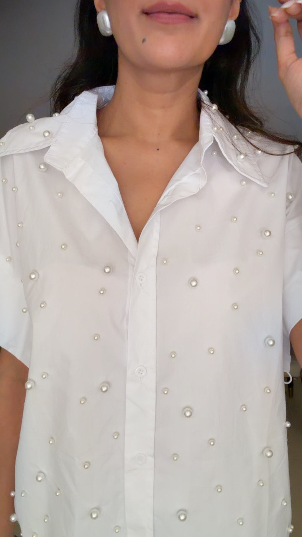 Oversized Pearl Embedded Poplin Shirt
