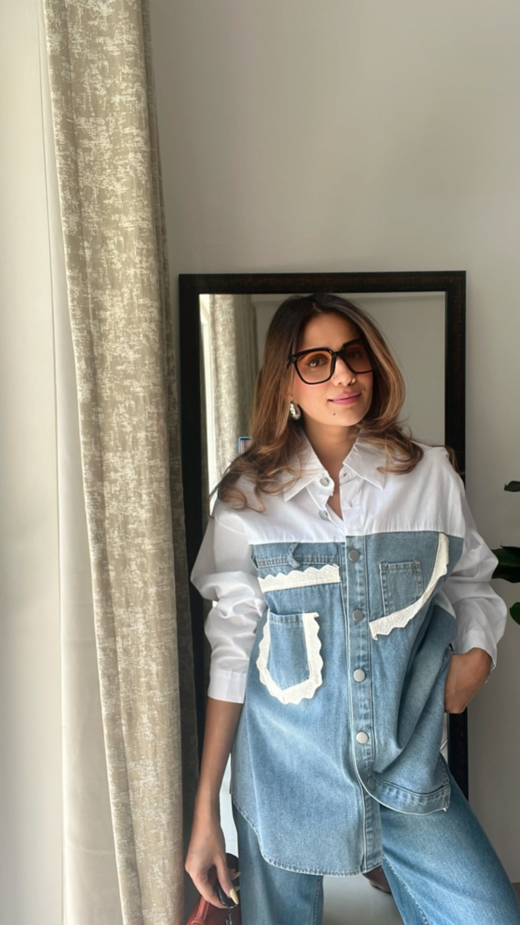 Denim Lace detailed Poplin Shirt