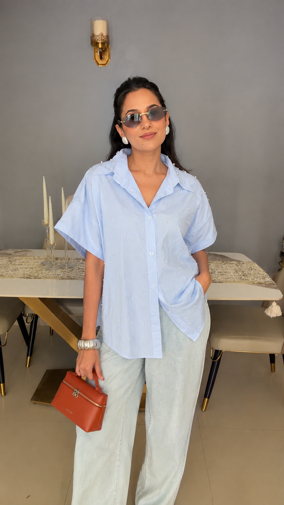 Oversized Pearl Embedded Poplin Shirt