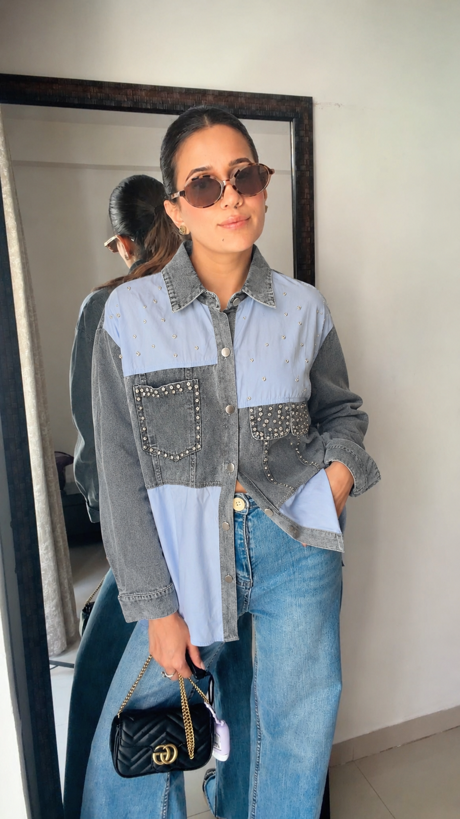 Studded Denim Contrast Statement Shirt