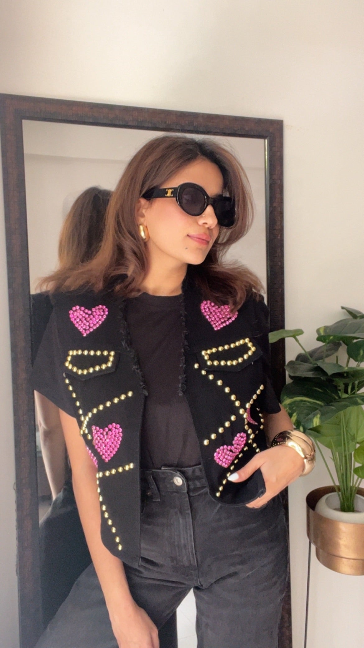 Gold Metal Pink Heart Denim Fall Vest