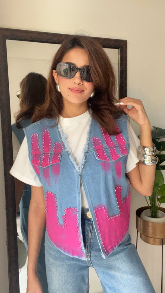 Hot Pink Studded Denim Fall Vest