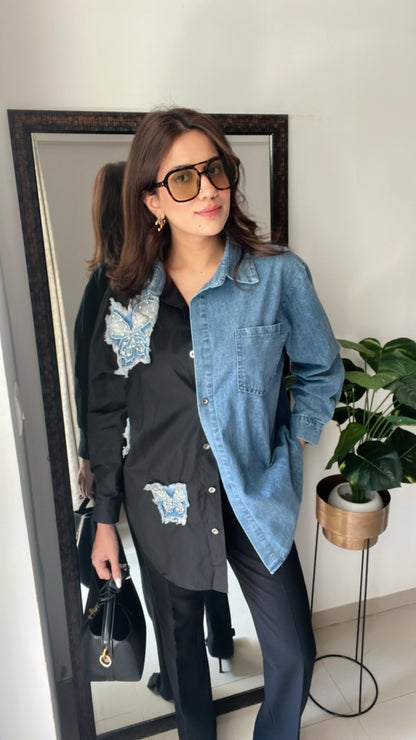 Butterfly Studded Denim Poplin Shirt