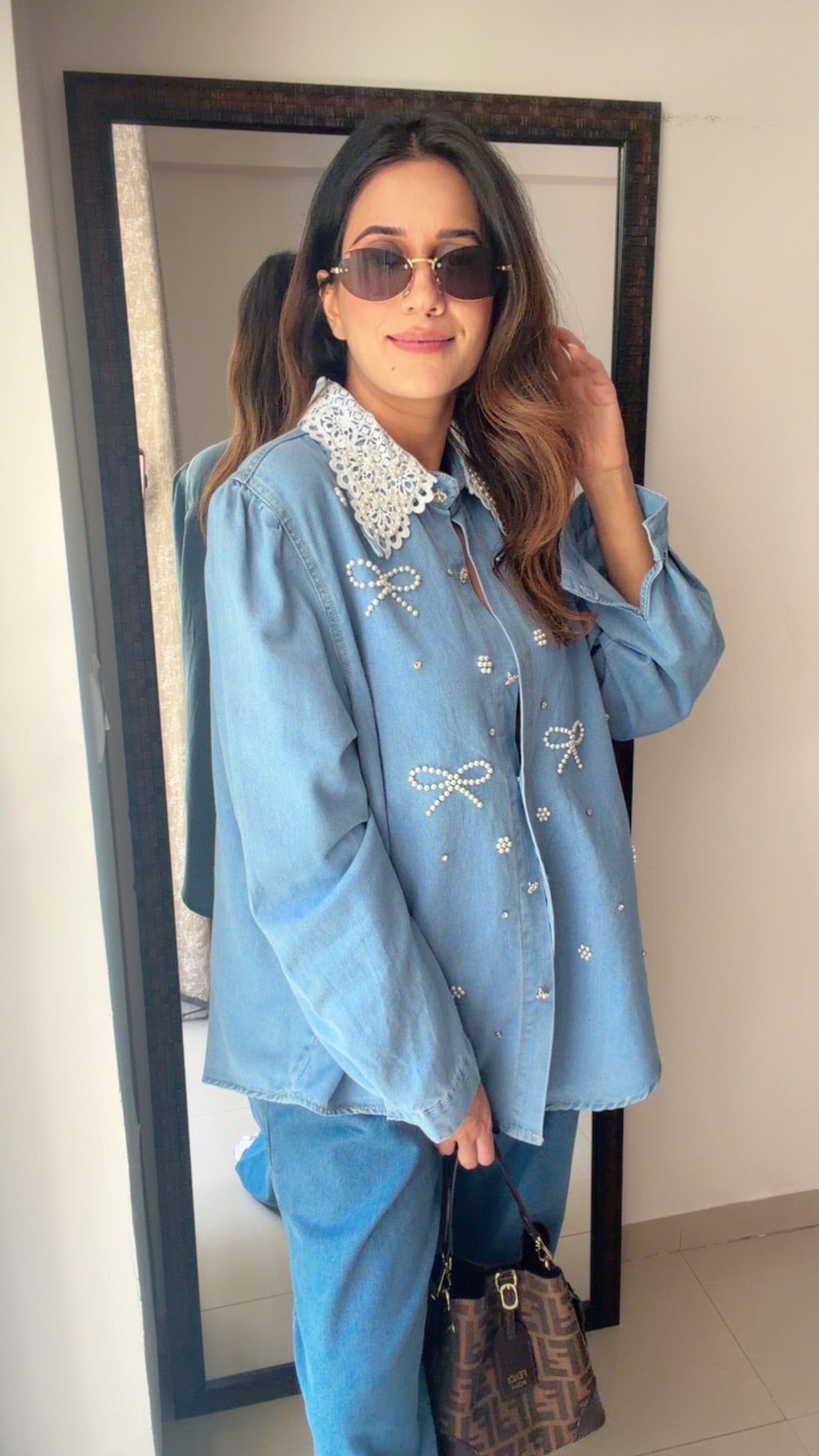Bowknot Pearl Embellished Denim Shirt