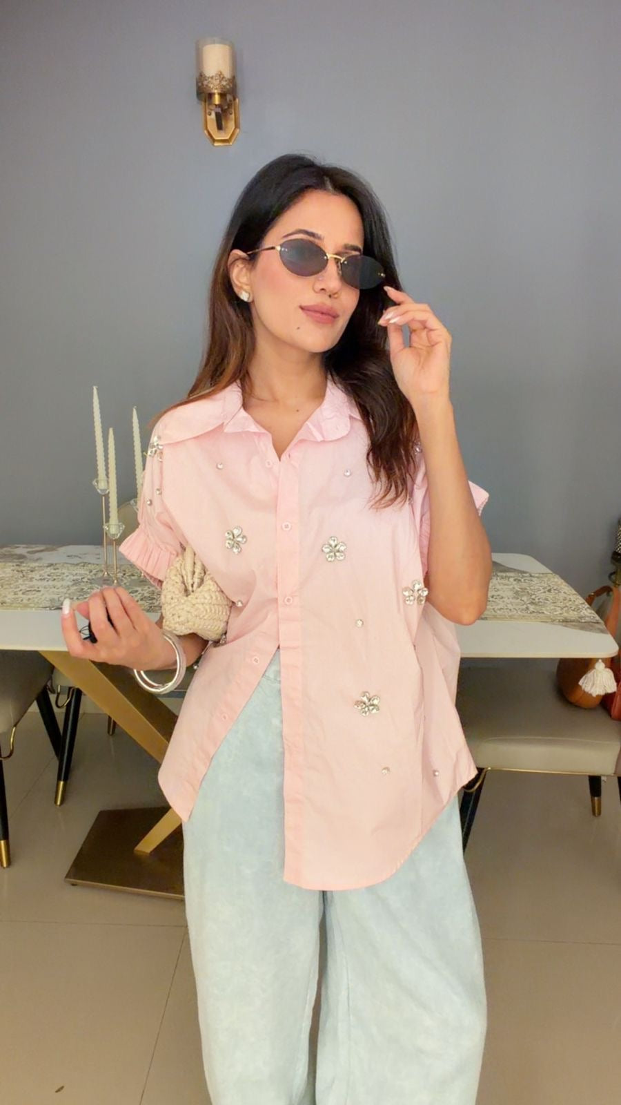 Embellished Ruched Sleeve Statement Top