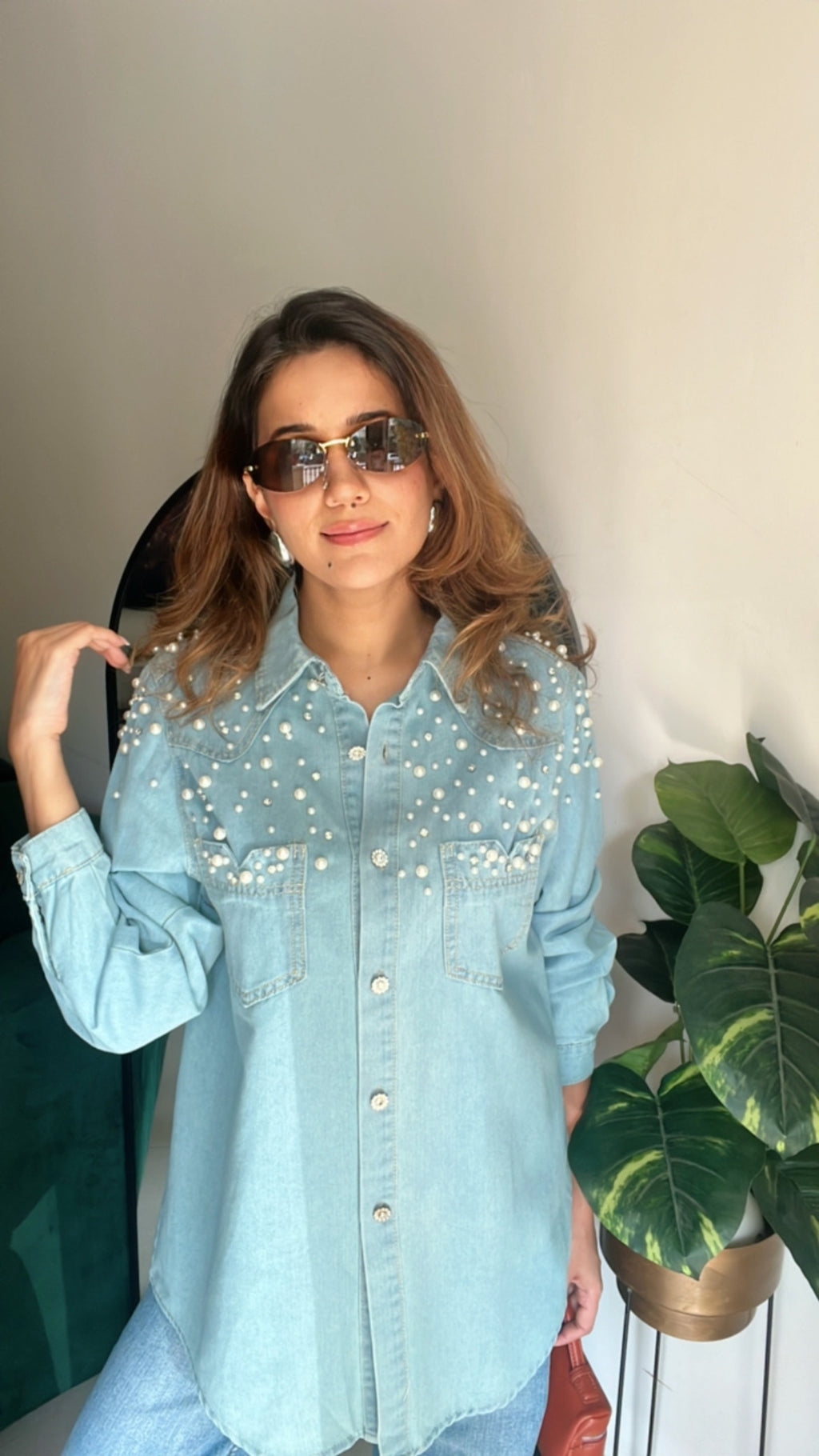 Pearl Embellished Denim Shirt
