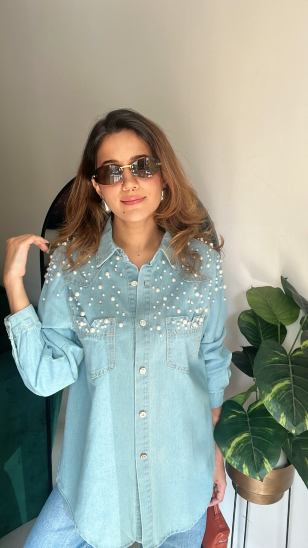 Pearl Embellished Denim Shirt