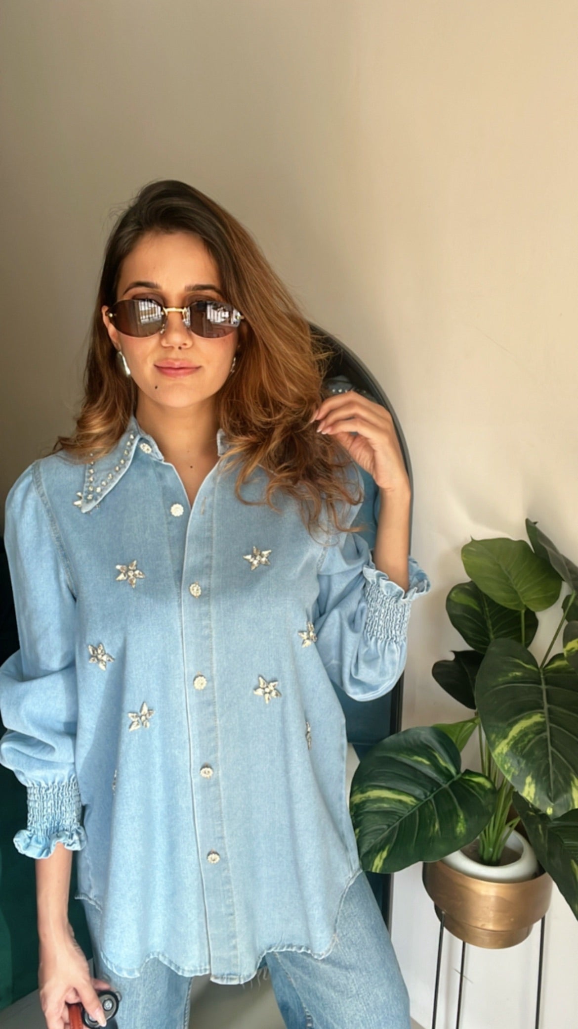 Flower Studded Denim Shirt
