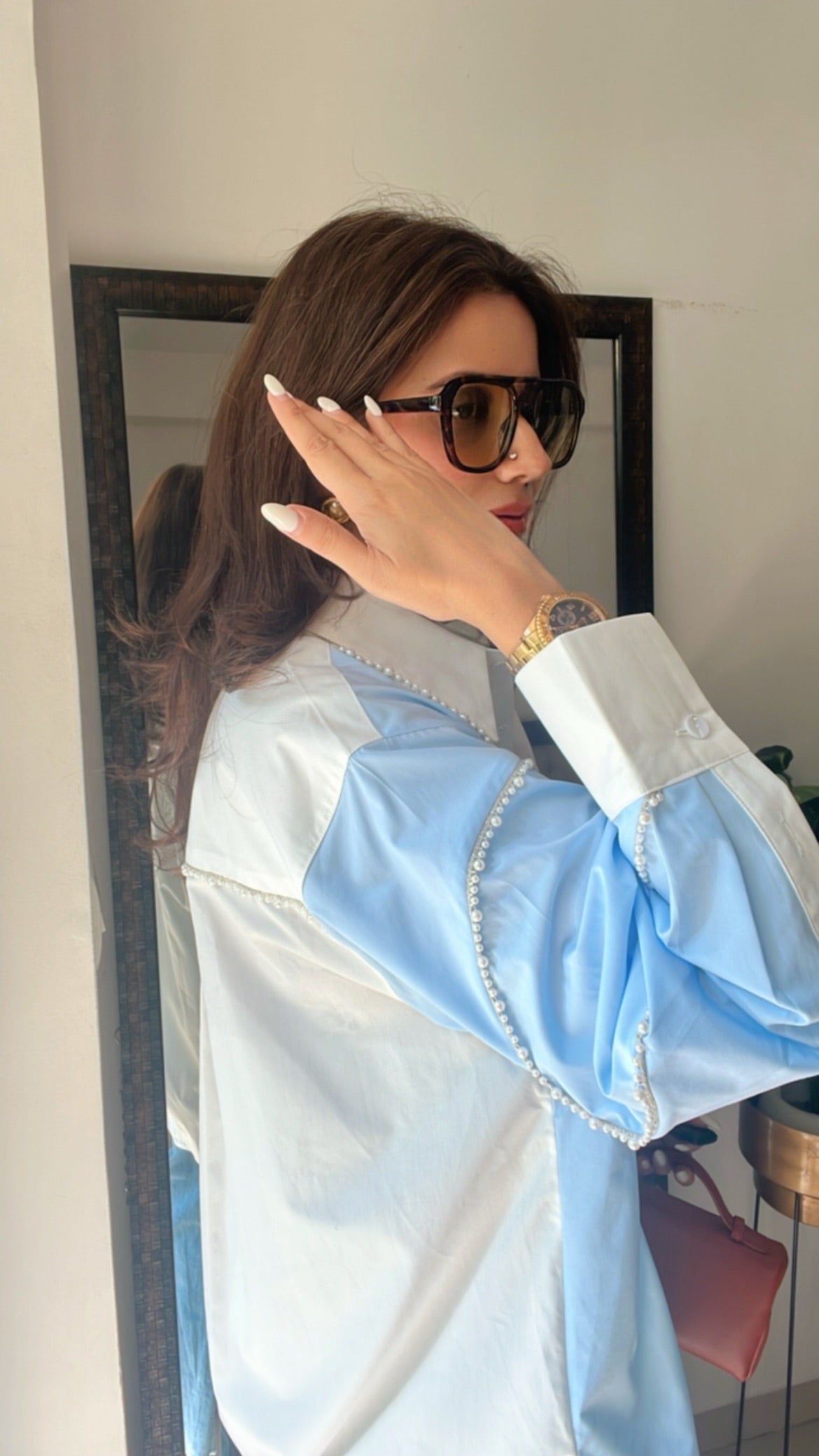 Pearl Detailed Dual Poplin Shirt