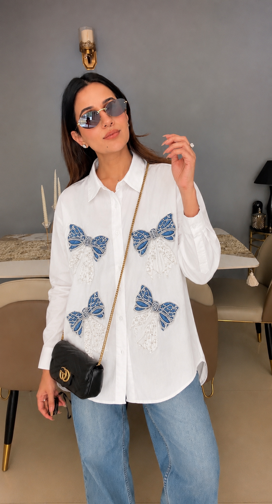 White Button Shirt with bow embellishment