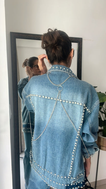 Studded Chain detailed Denim Fall Jacket