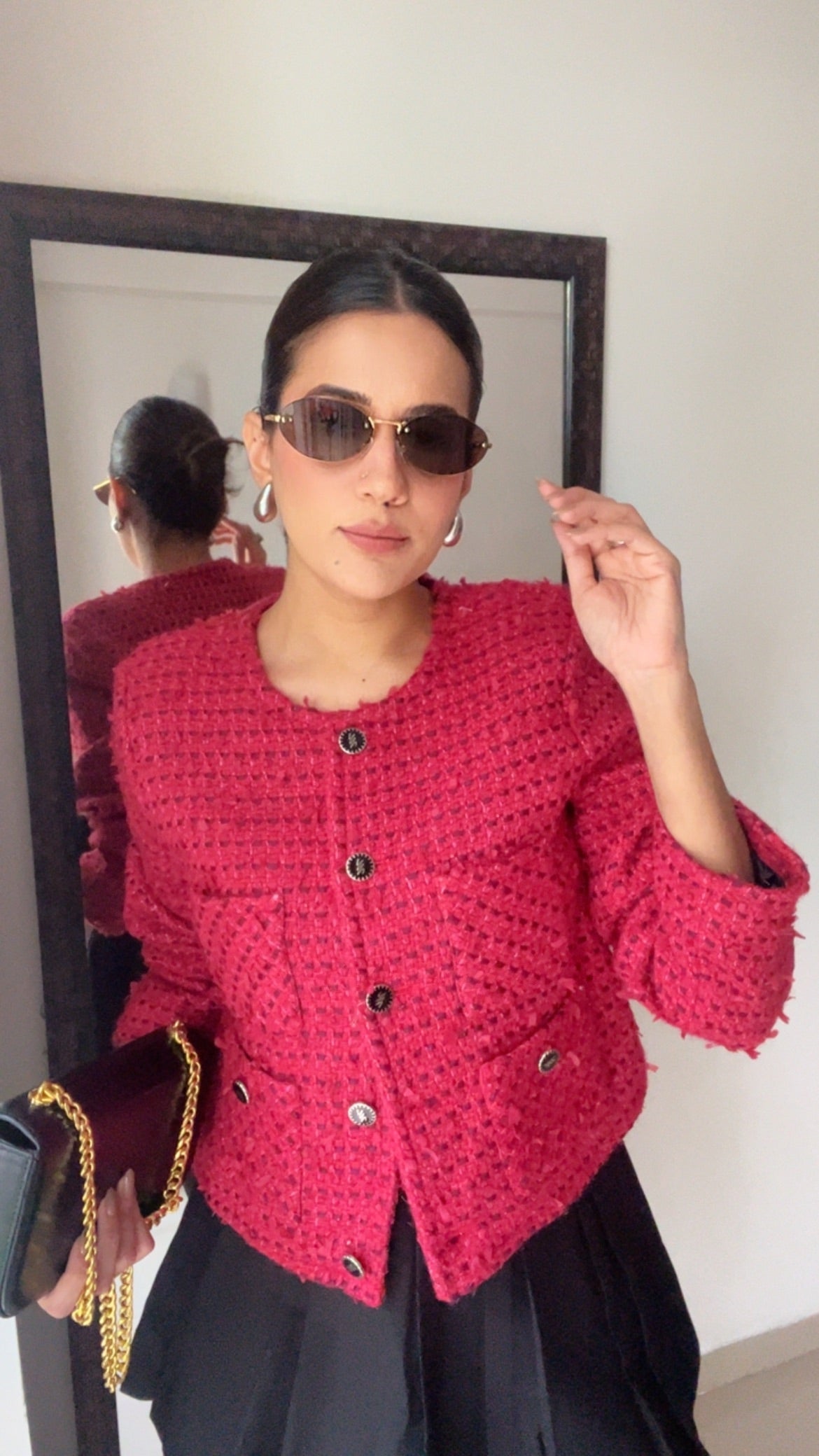 Red Textured Tweed Fall Jacket