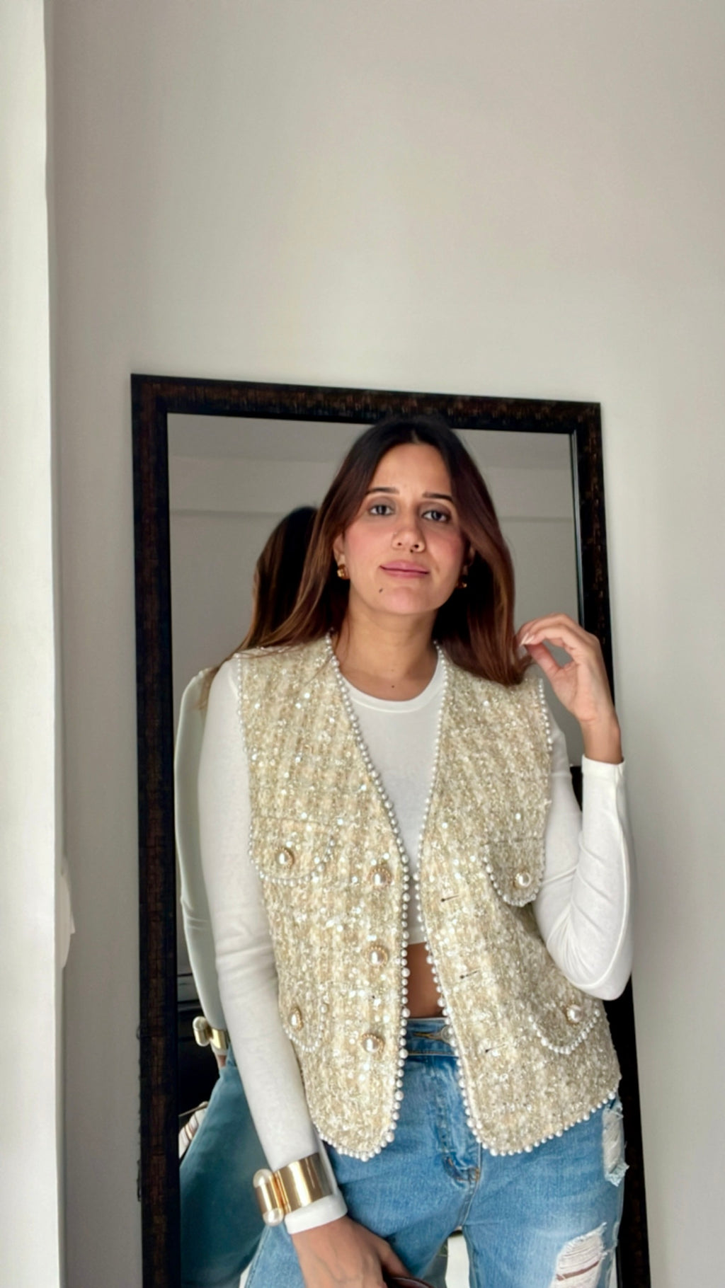 Pearl Embellished Tweed Fall Vest