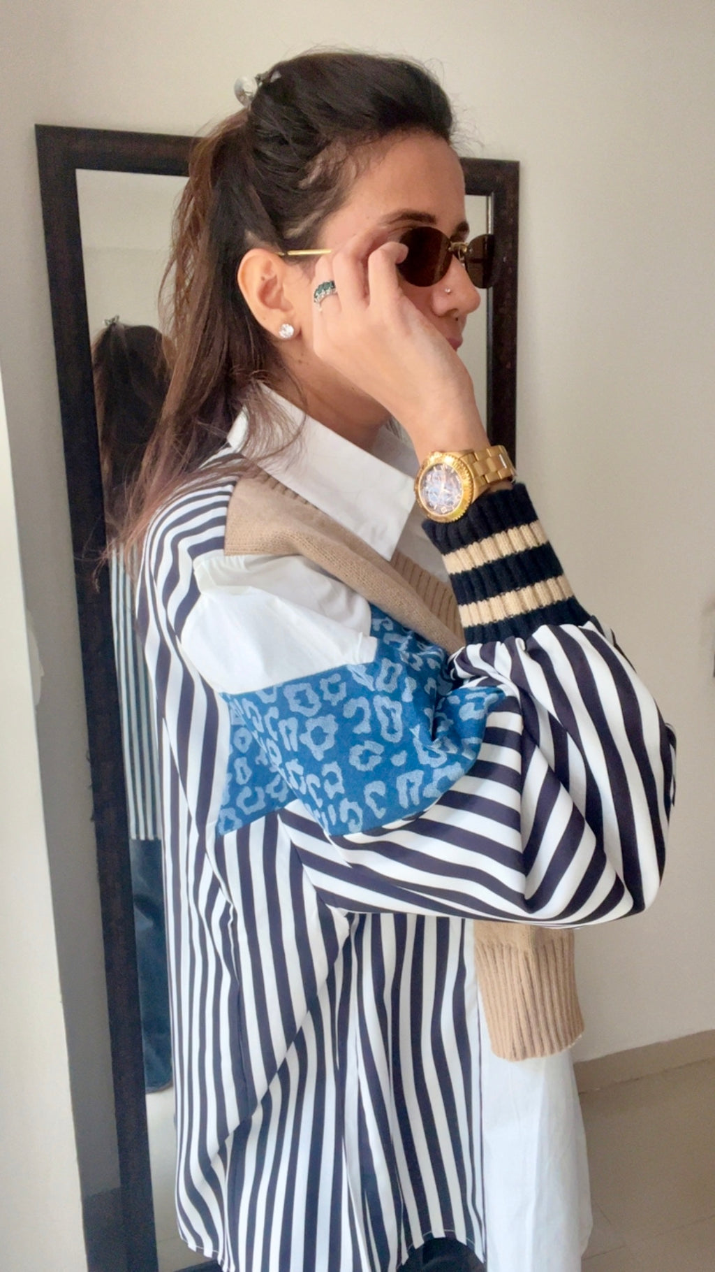 Stripe Knit Vest Poplin Fall Shirt