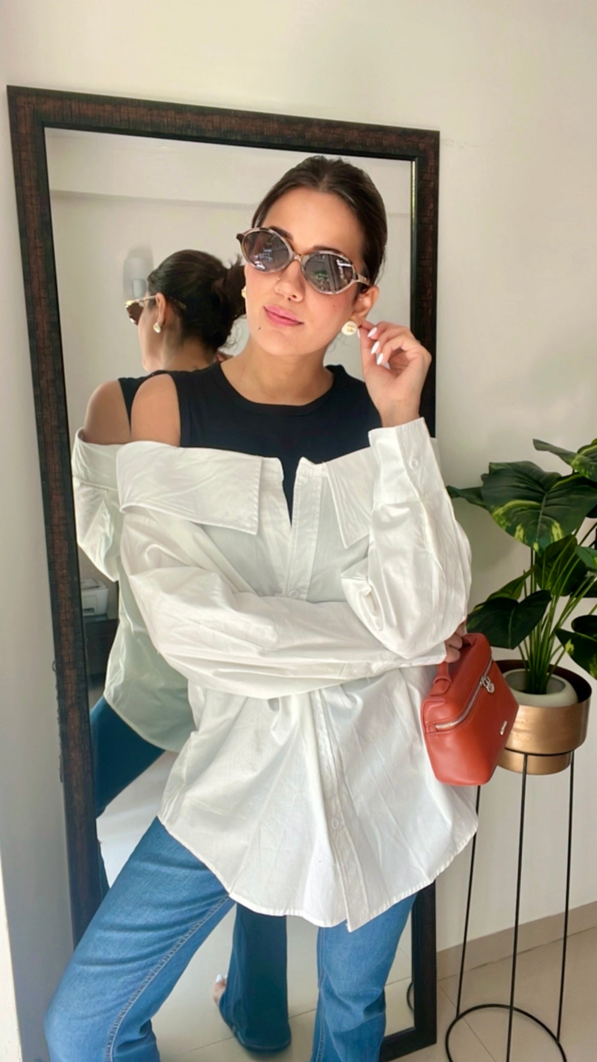 Cold Shoulder Poplin Shirt with Attached tank top