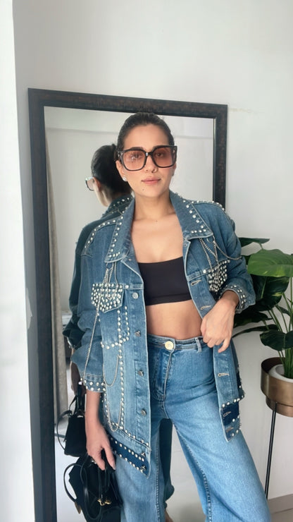 Studded Chain detailed Denim Fall Jacket