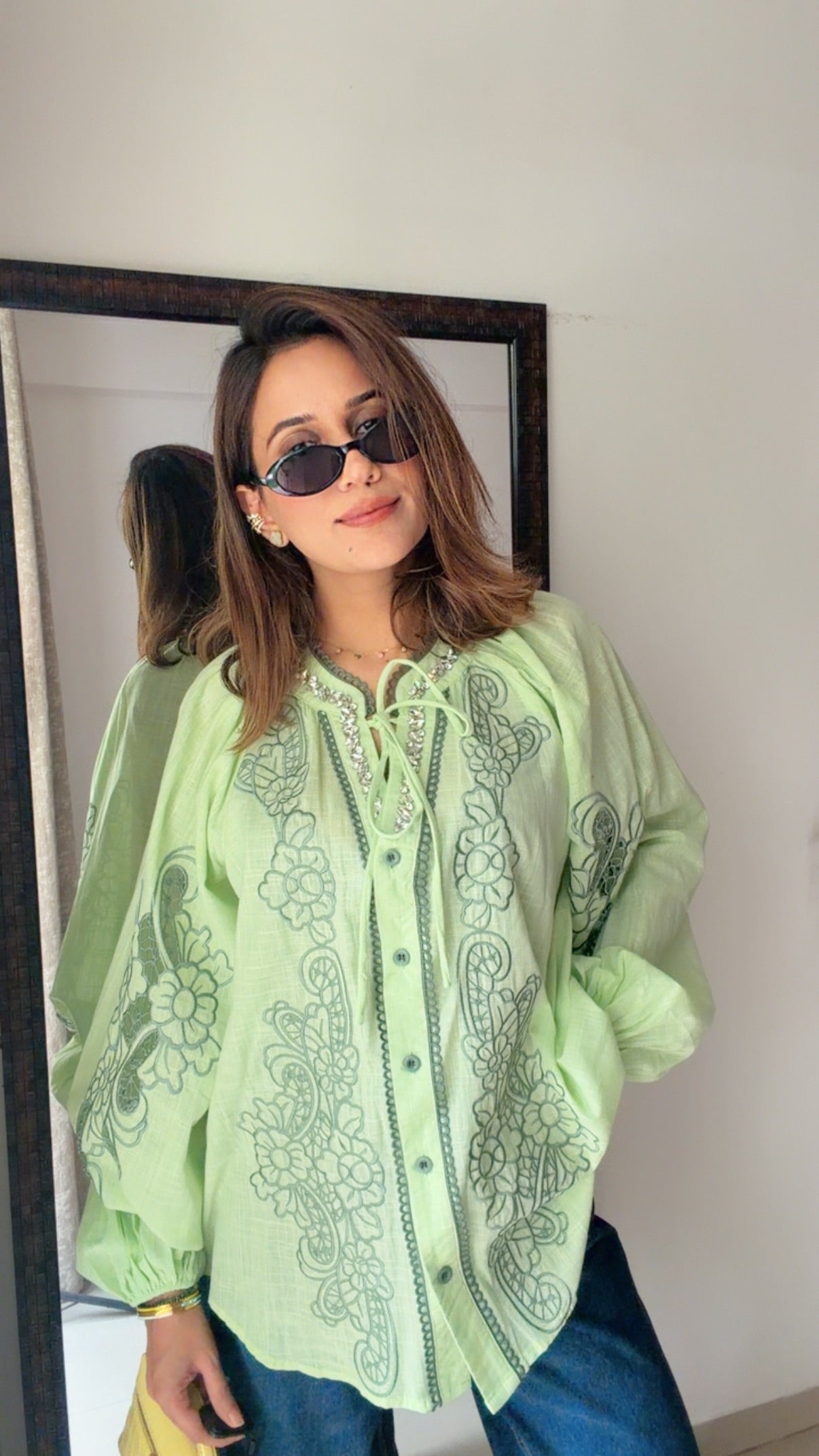 Studded Neck Linen Oversized Shirt Blouse