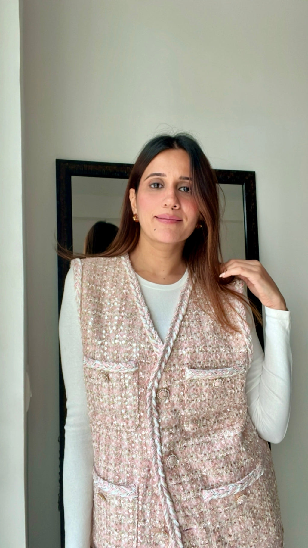 Pink Knotted Tweed Fall Vest