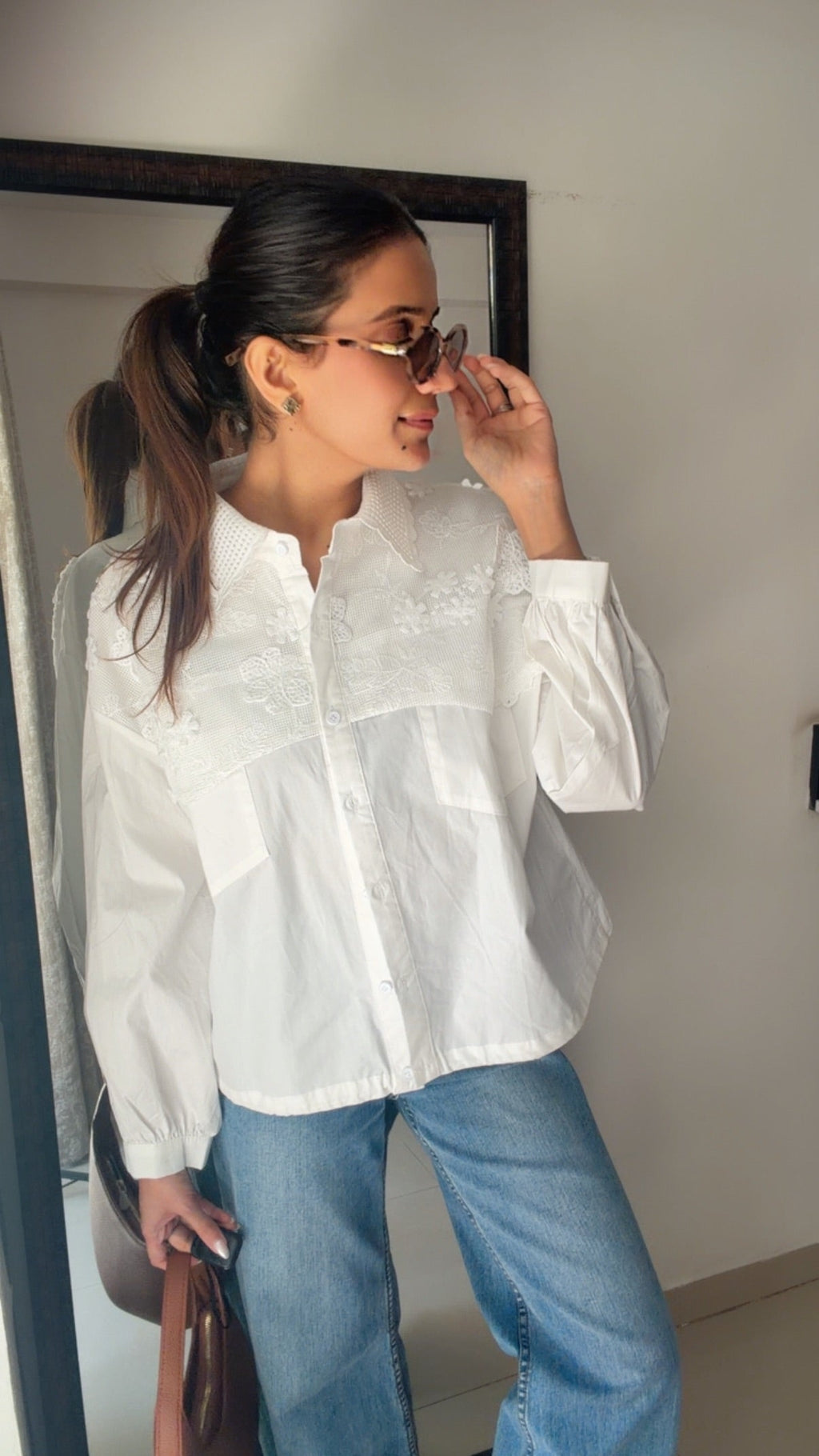 Flower Embedded Poplin Shirr