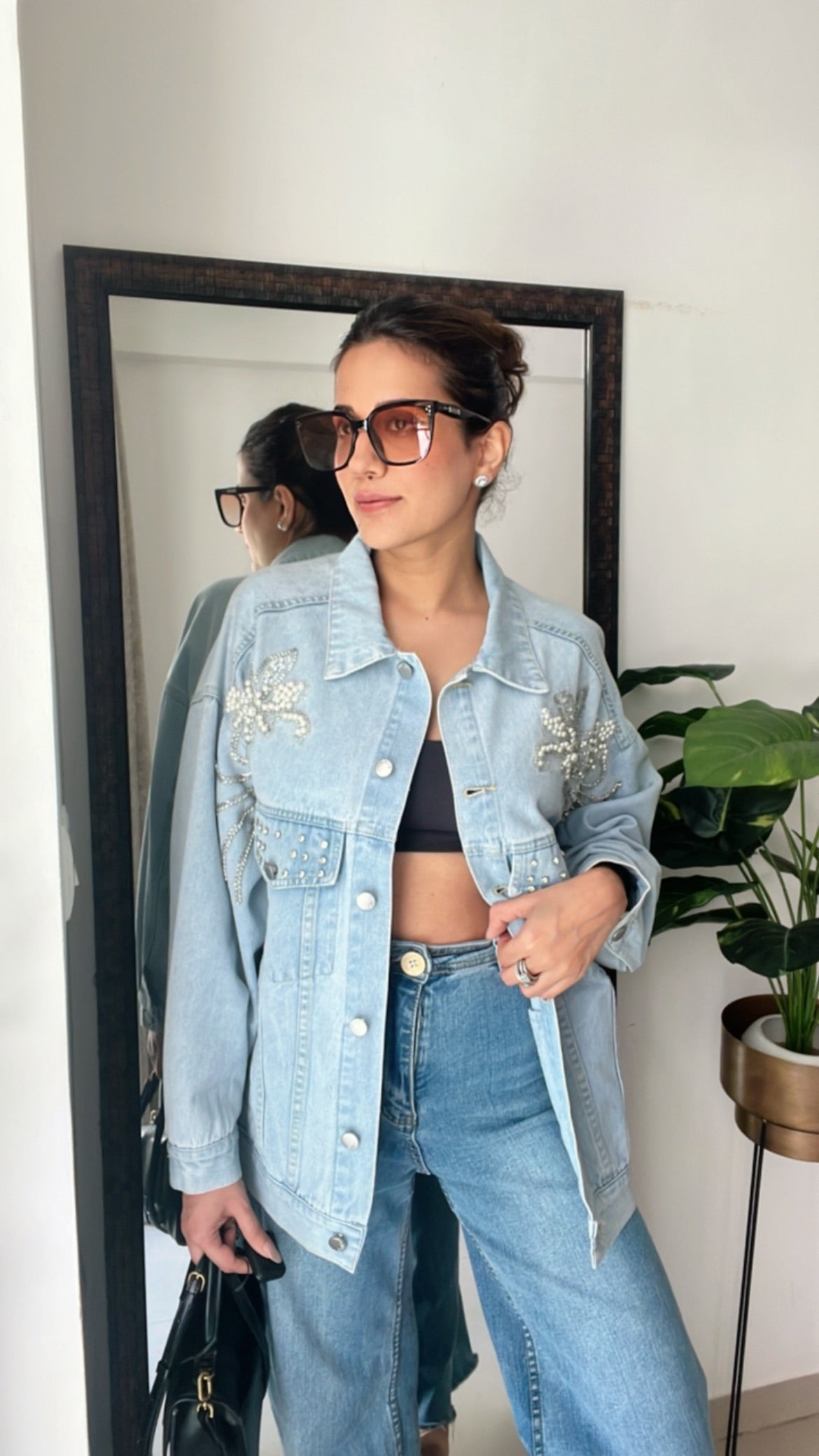 Pearl Embroidered Denim Fall Jacket