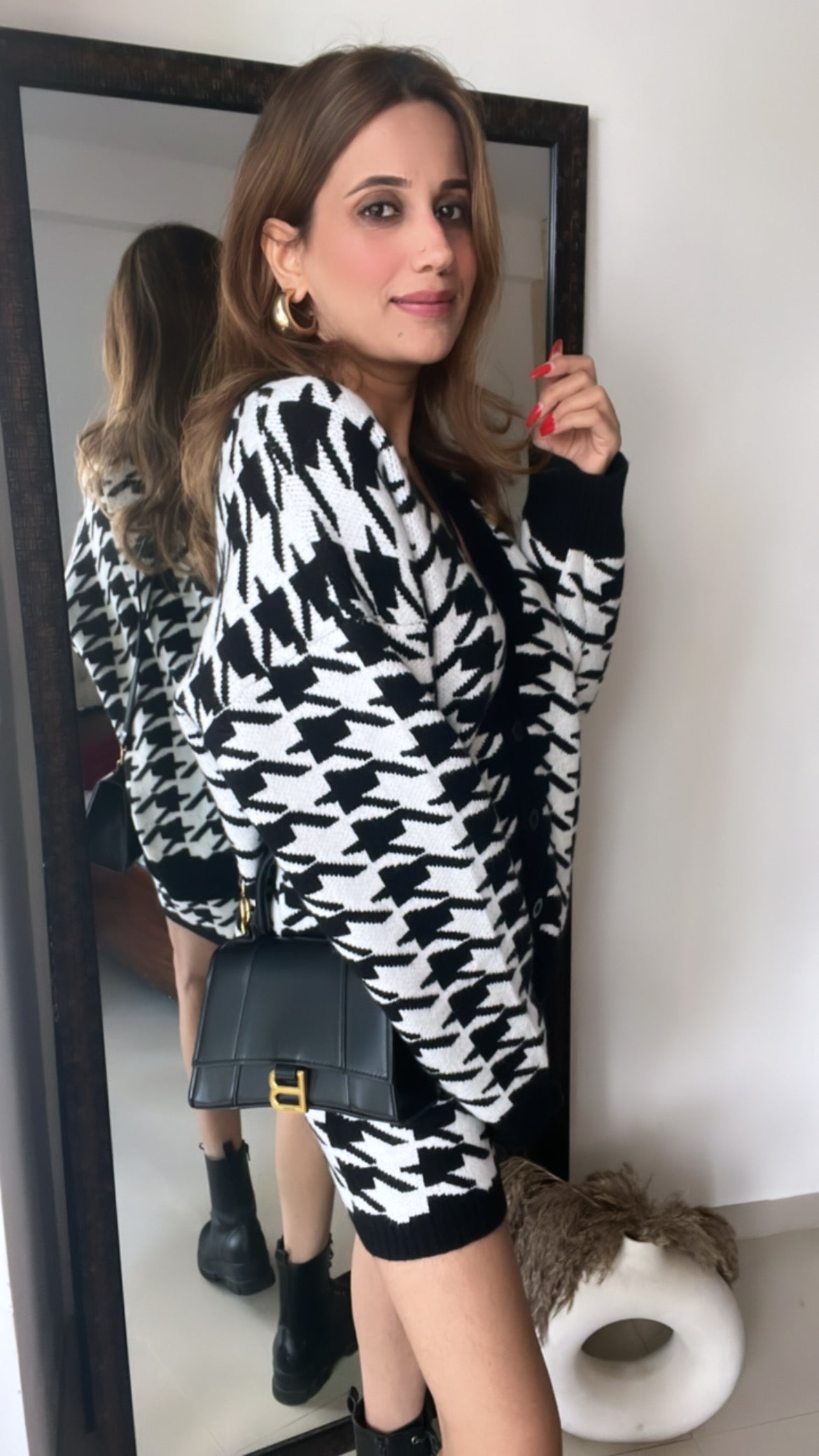 Houndstooth Knitted Shorts Fall Co-ord Set