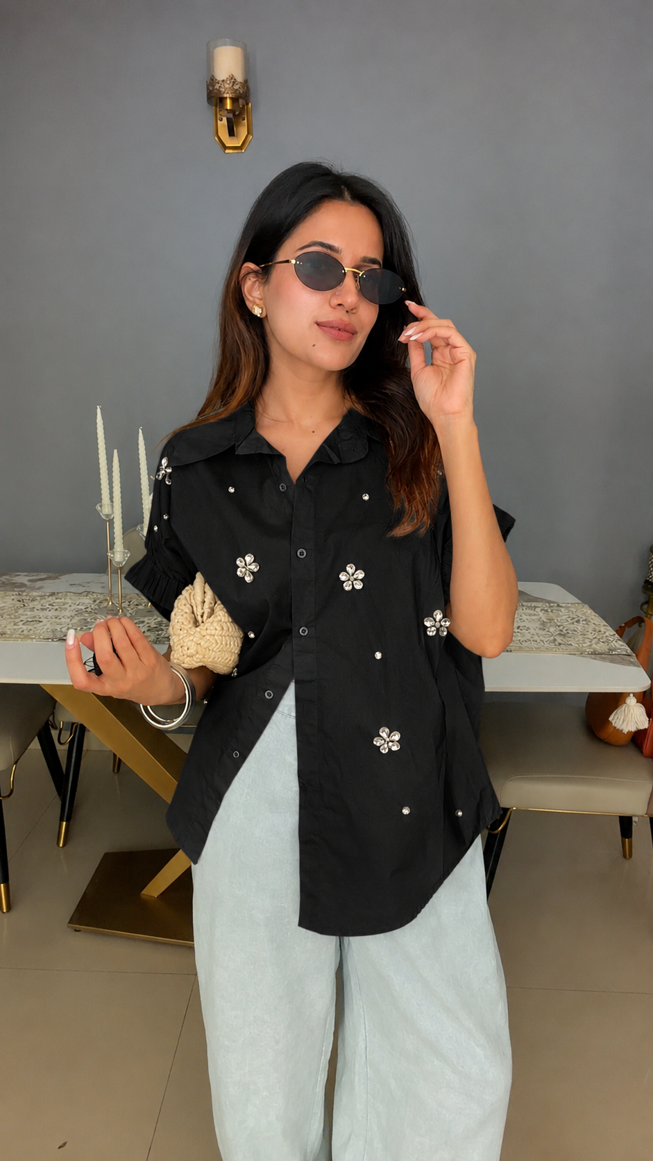 Embellished Ruched Sleeve Statement Top