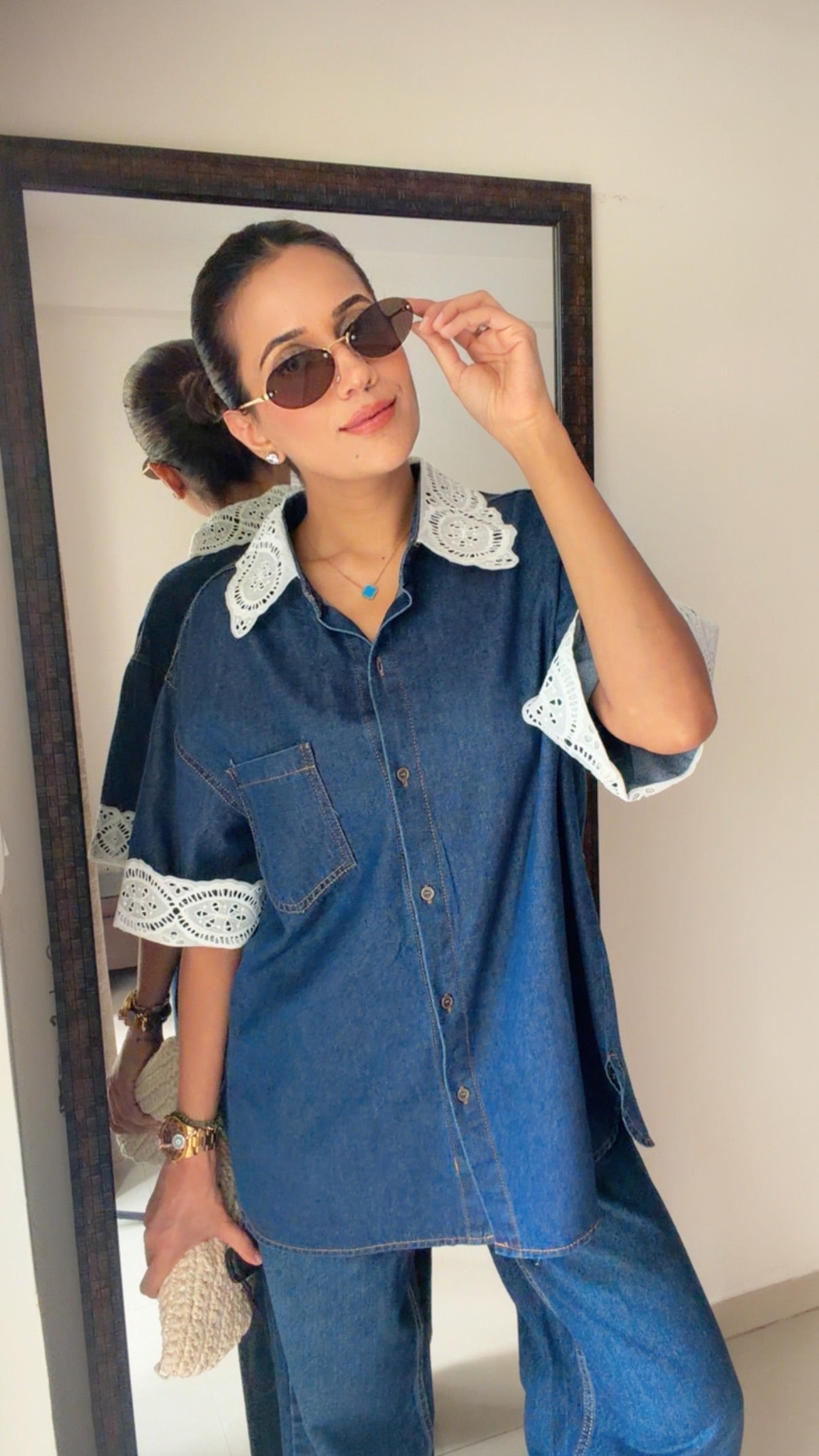Lace Trim Denim Shirt