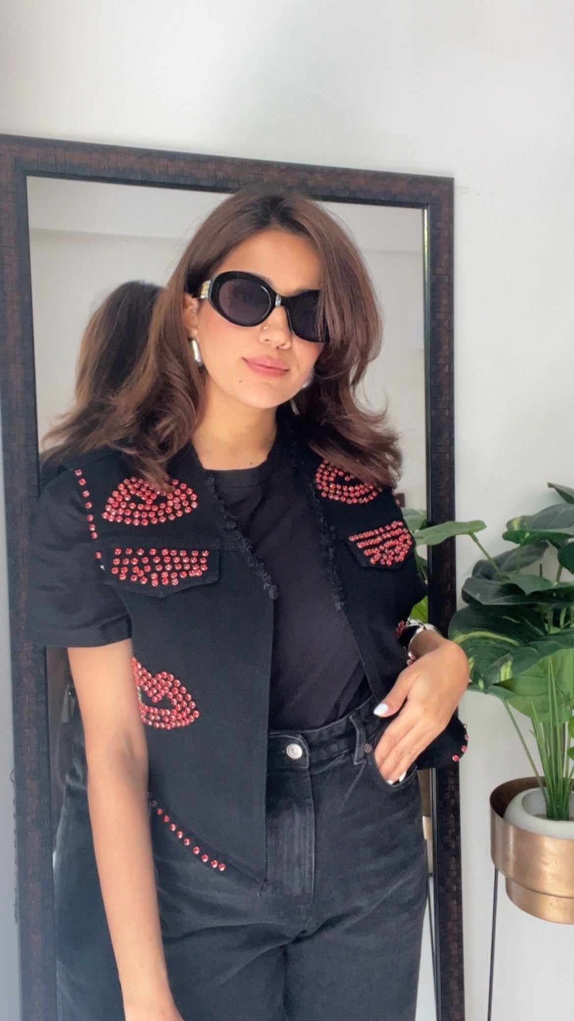 Red Studded Lips Denim Fall Vest