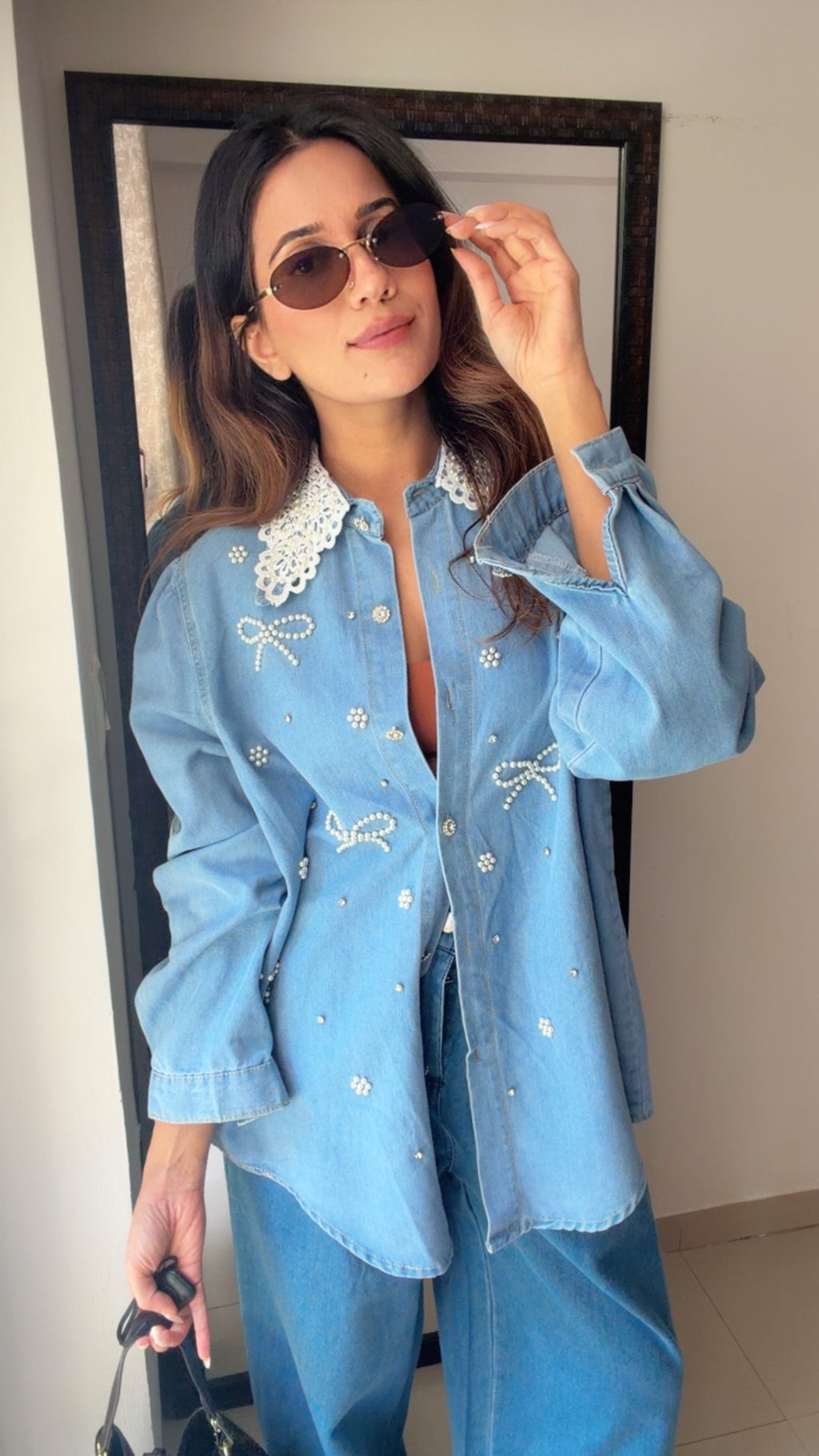 Bowknot Pearl Embellished Denim Shirt