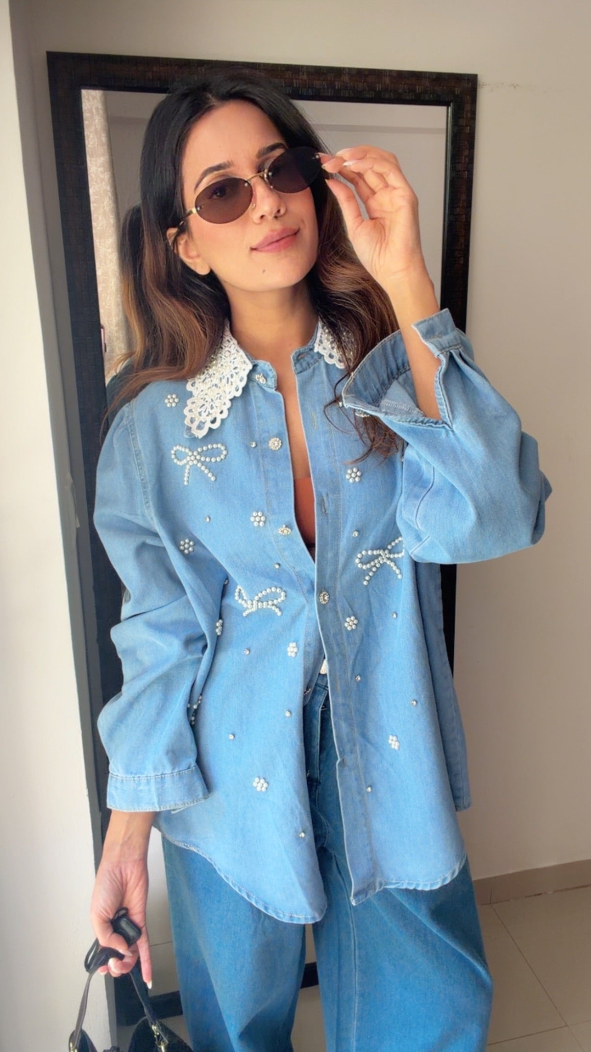Bowknot Pearl Embellished Denim Shirt