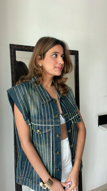 Shoulder Padded Cut sleeves Denim Fall Jacket