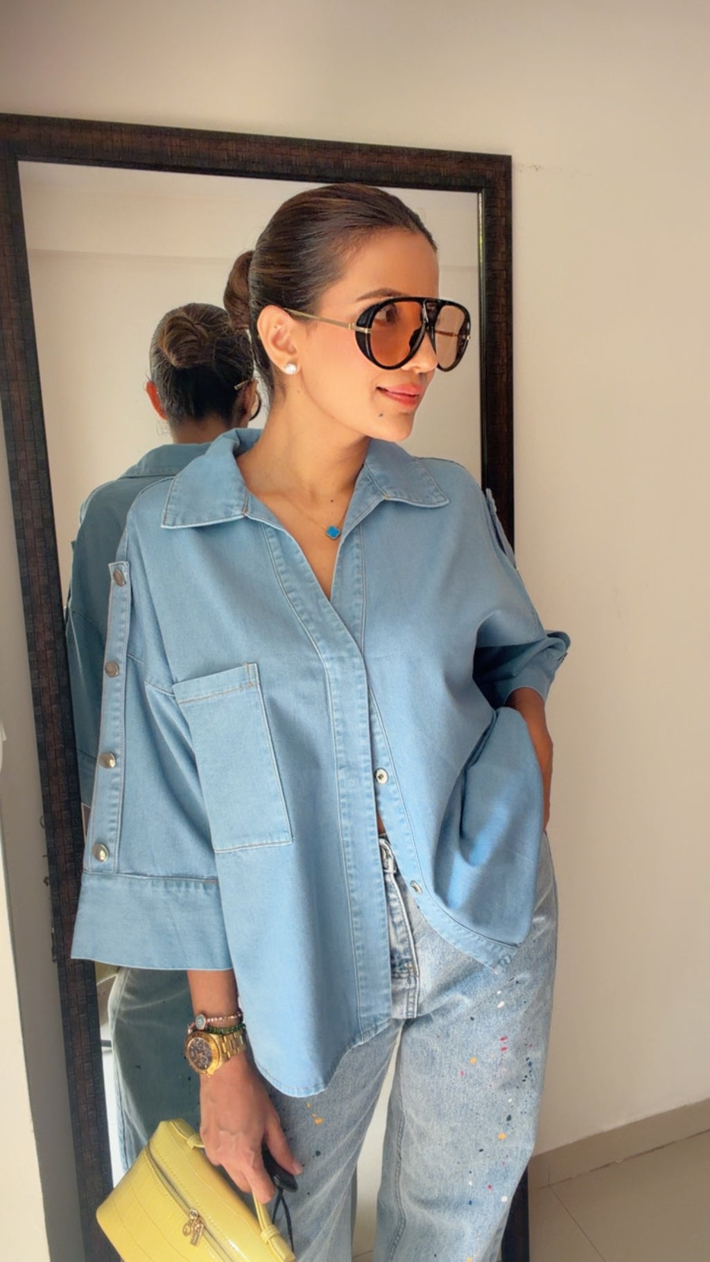 Washed Denim Oversized Shirt with Studded Sleeves