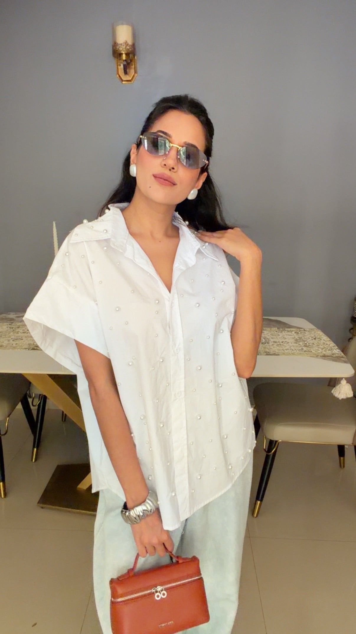 Oversized Pearl Embedded Poplin Shirt