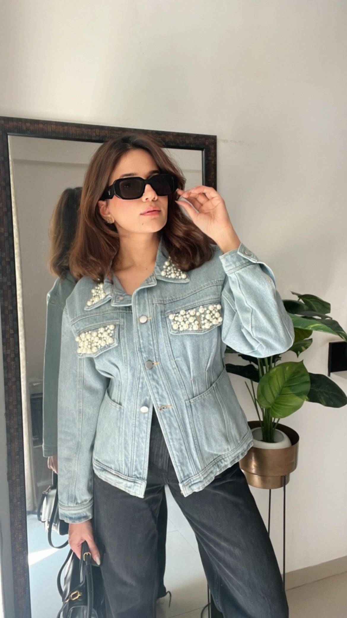 Pearl Detailed Denim Fall Jacket