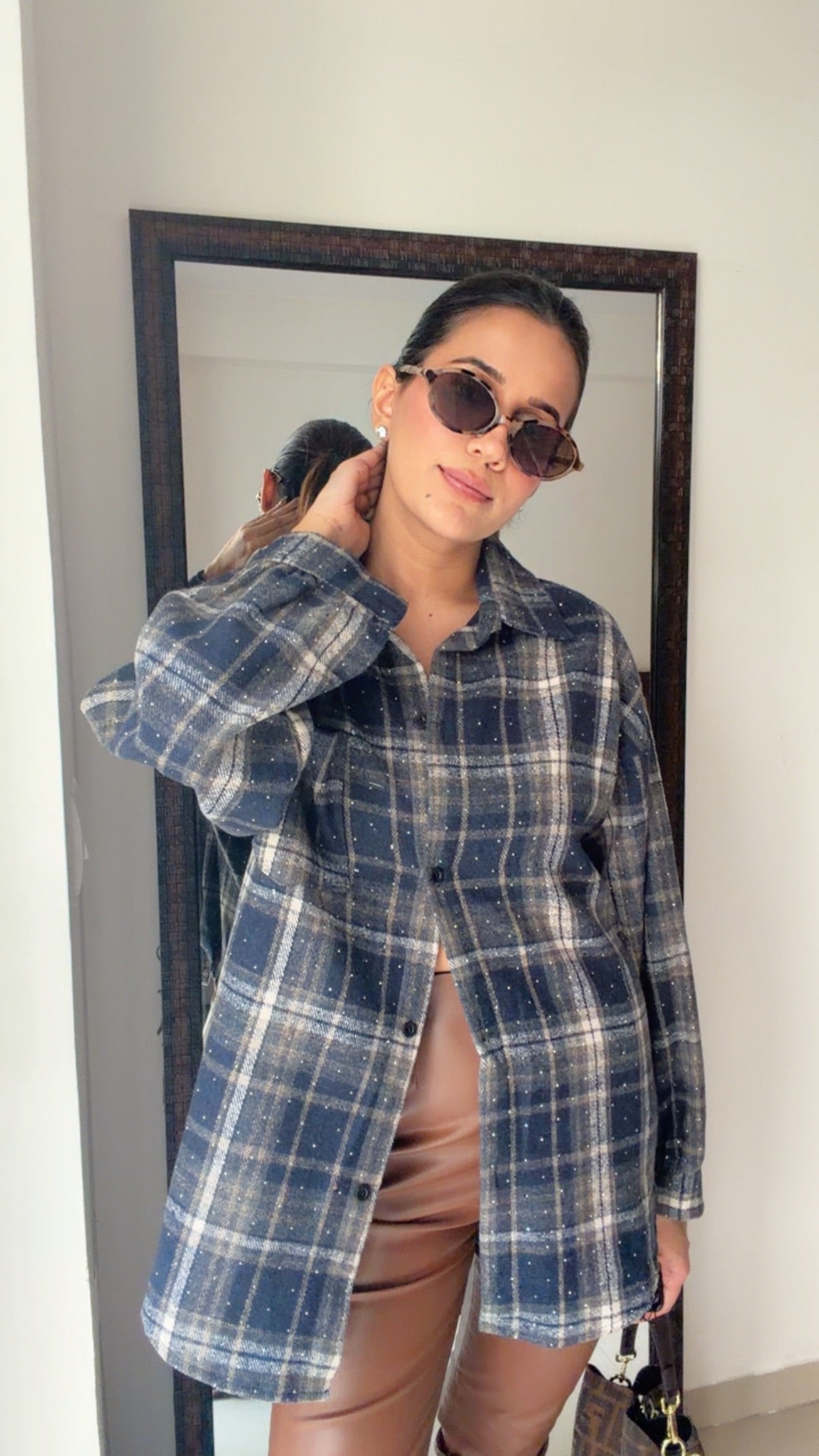 Swarowski Embedded Plaid Fall Shirt