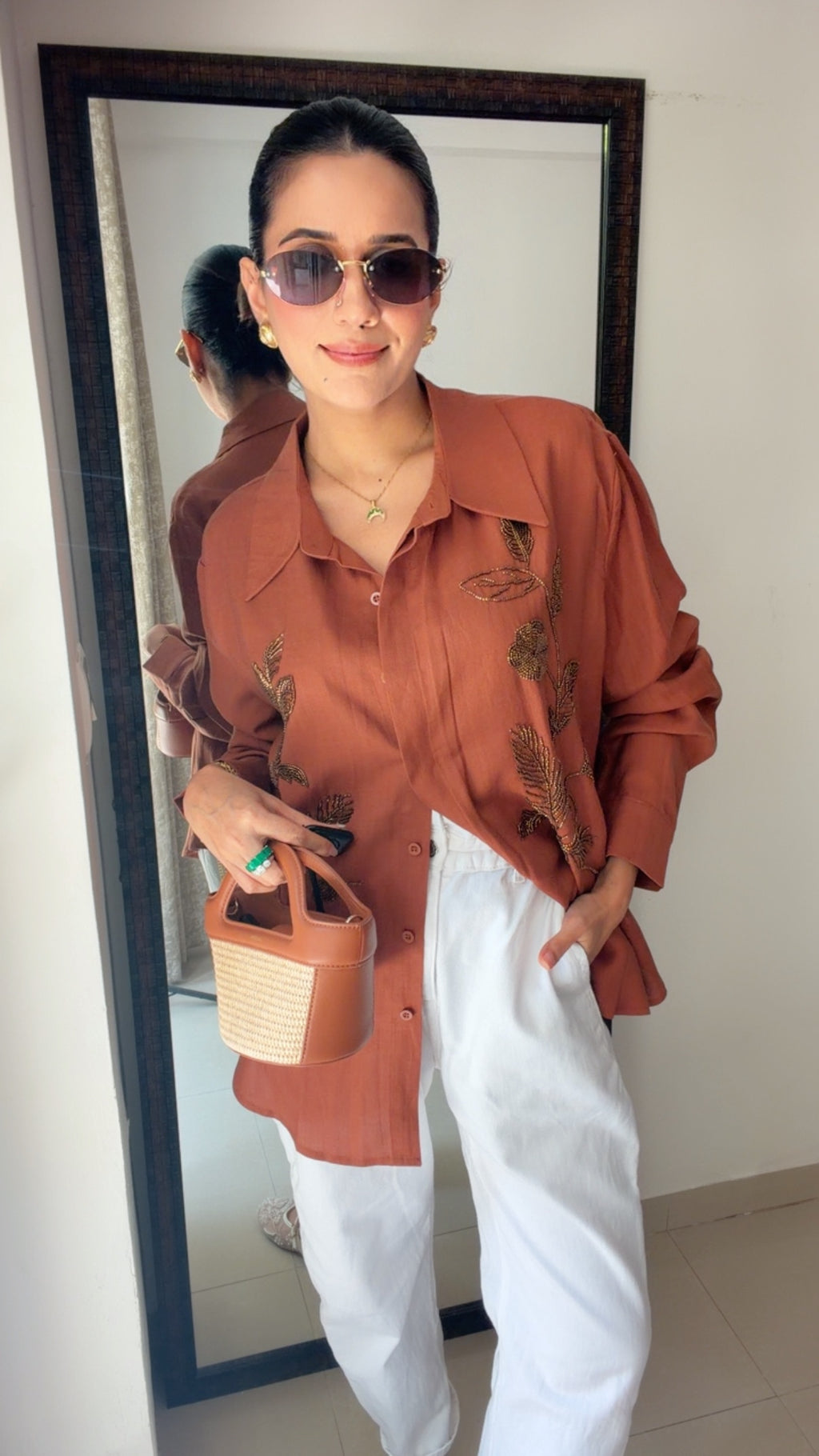 Embellished Linen Blend Poplin Shirt