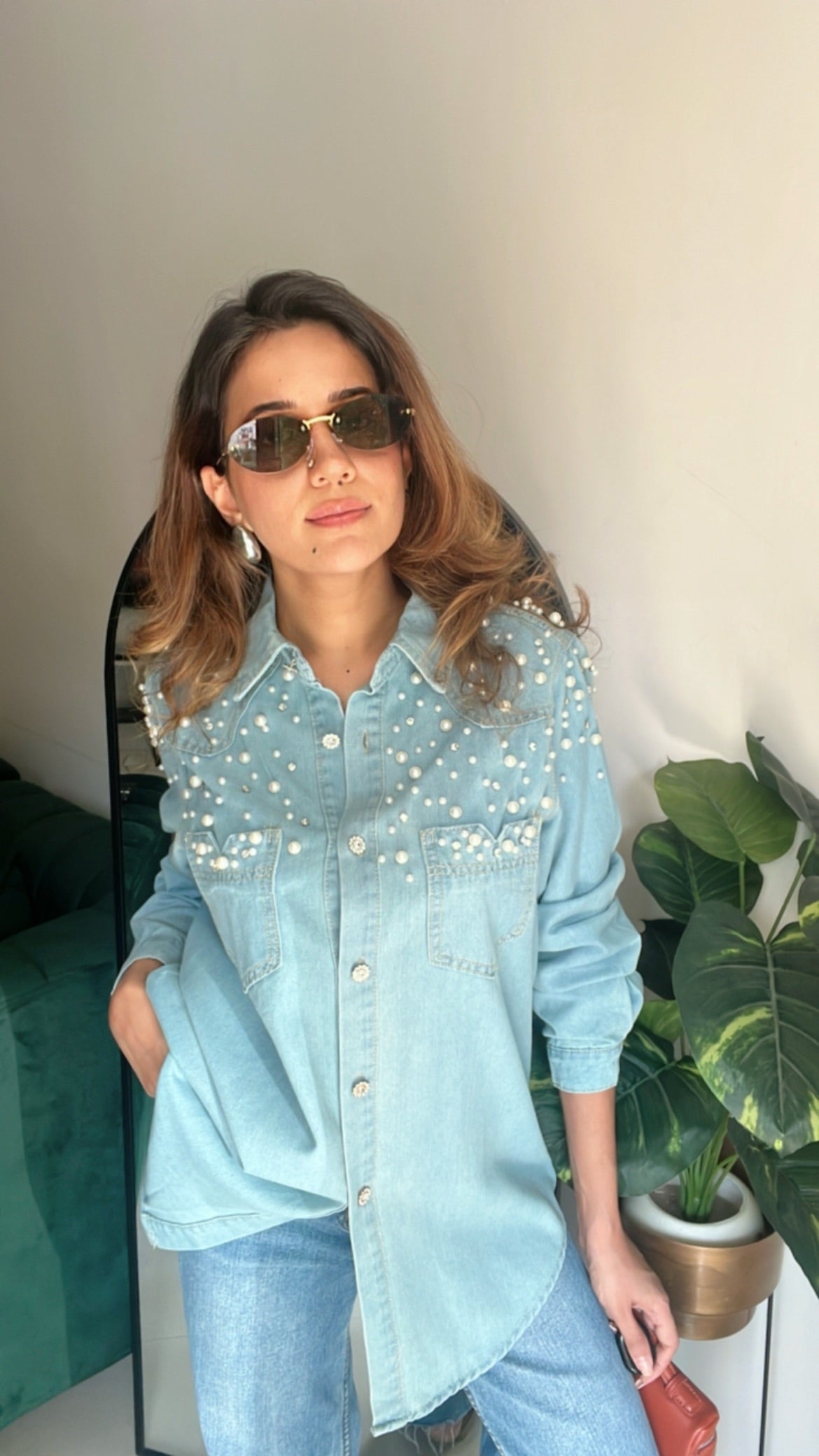 Pearl Embellished Denim Shirt