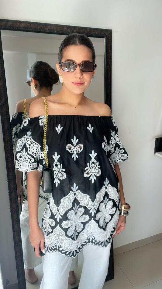 Off Shoulder Cutwork Poplin Top