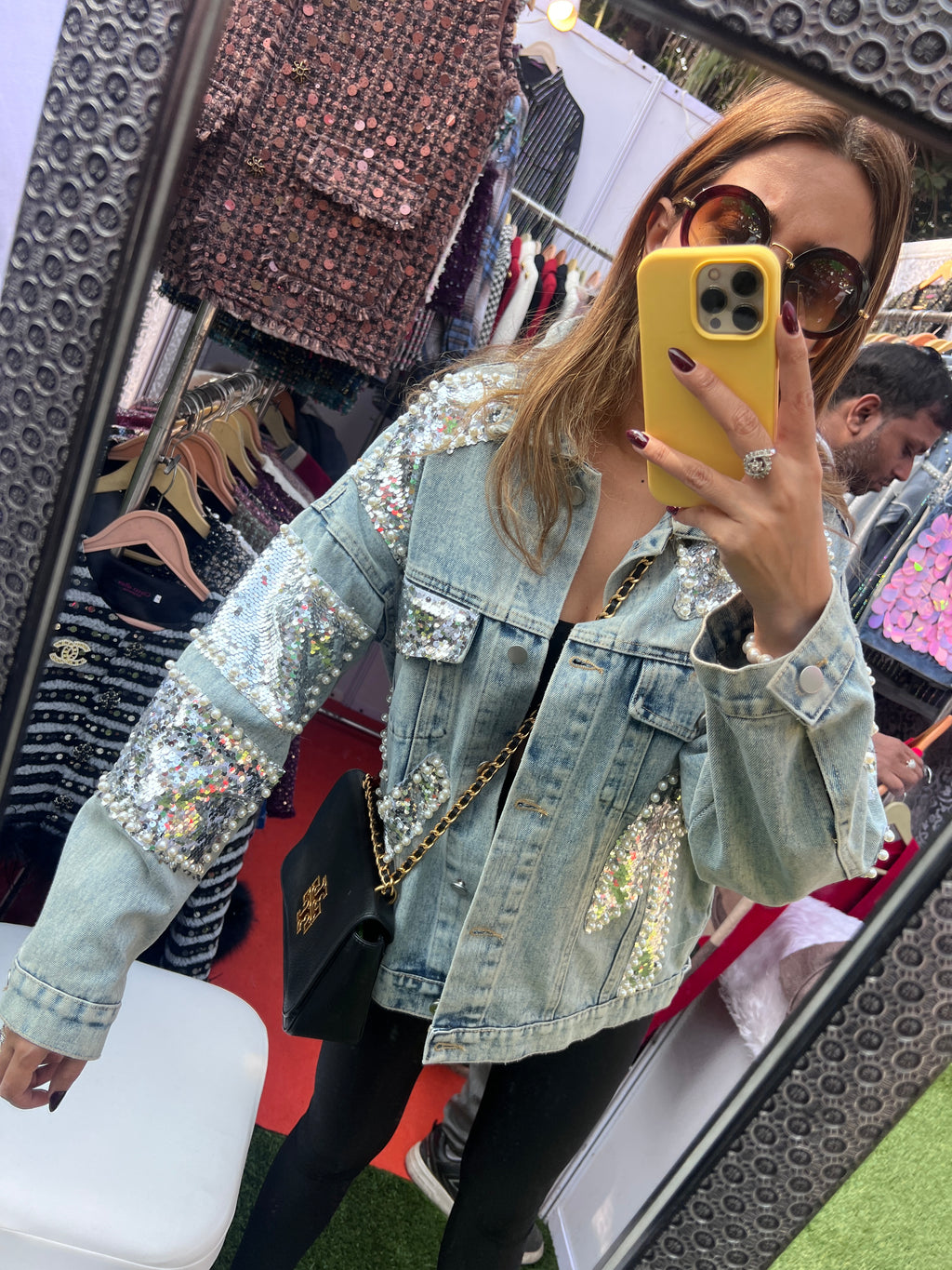 Sequin and Pearl Embellished Fall Denim Jacket