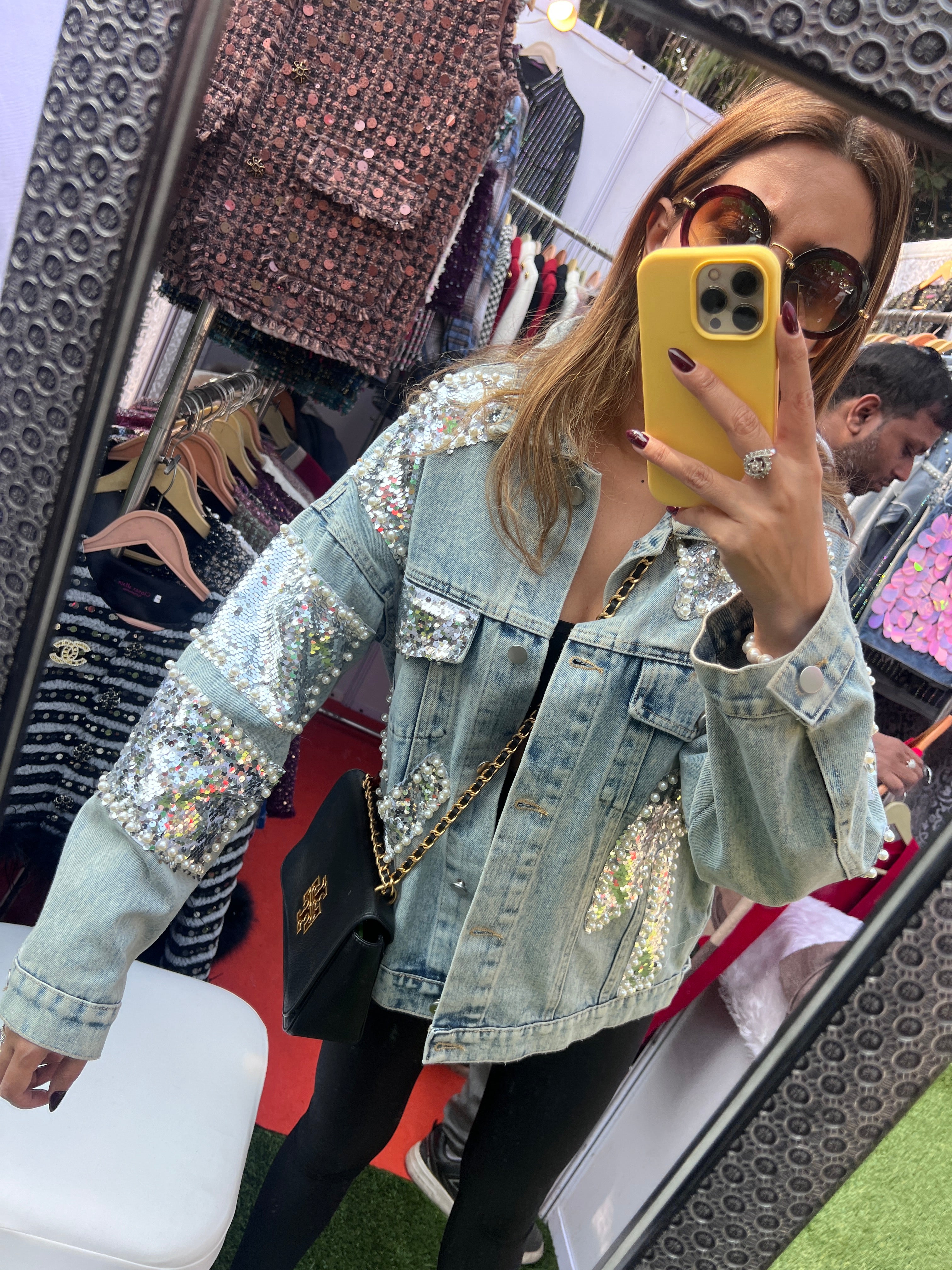 Sequin and Pearl Embellished Fall Denim Jacket