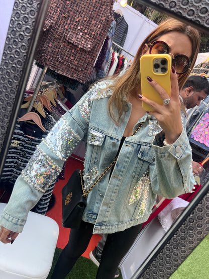 Sequin and Pearl Embellished Fall Denim Jacket