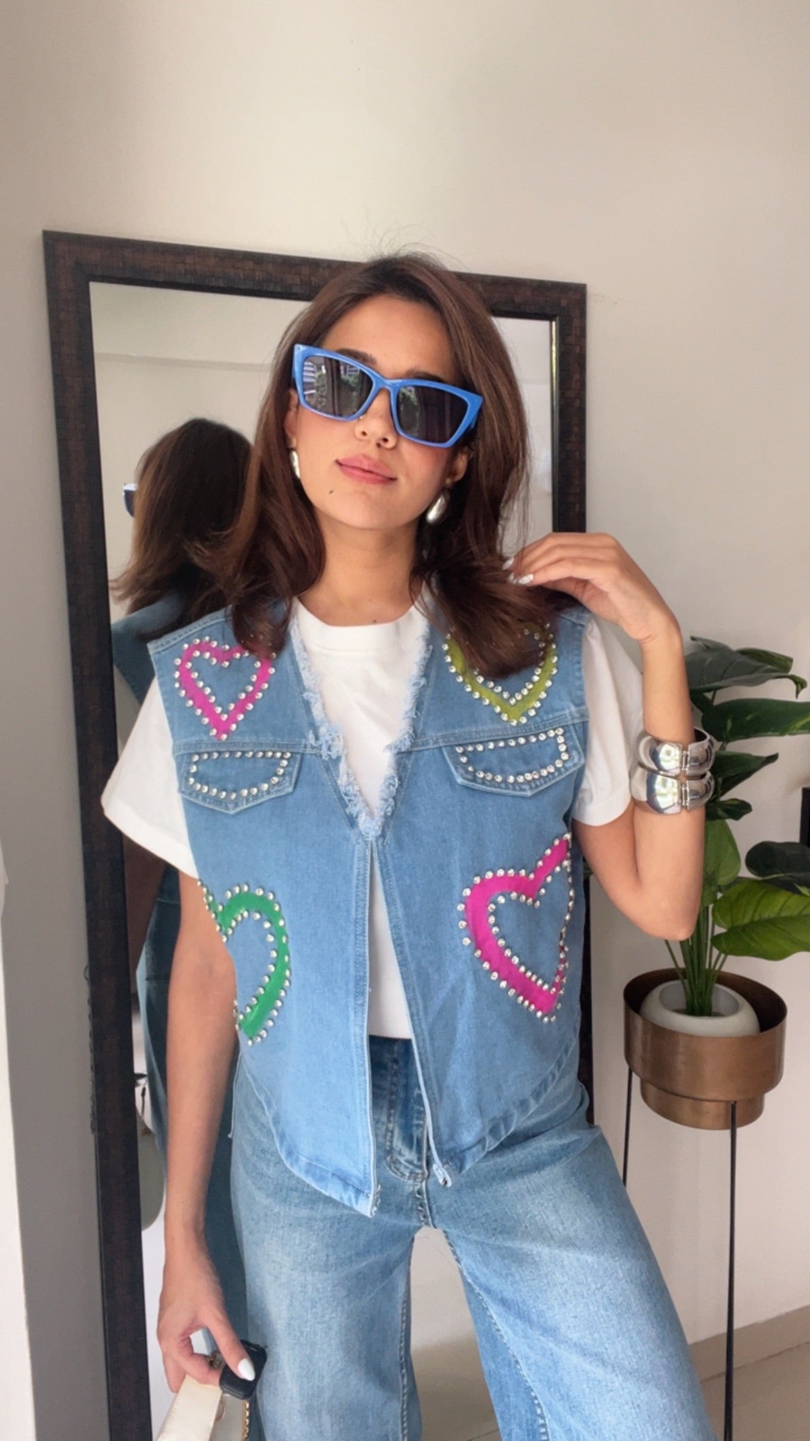 Multi Color Studded Heart Denim Fall Vest