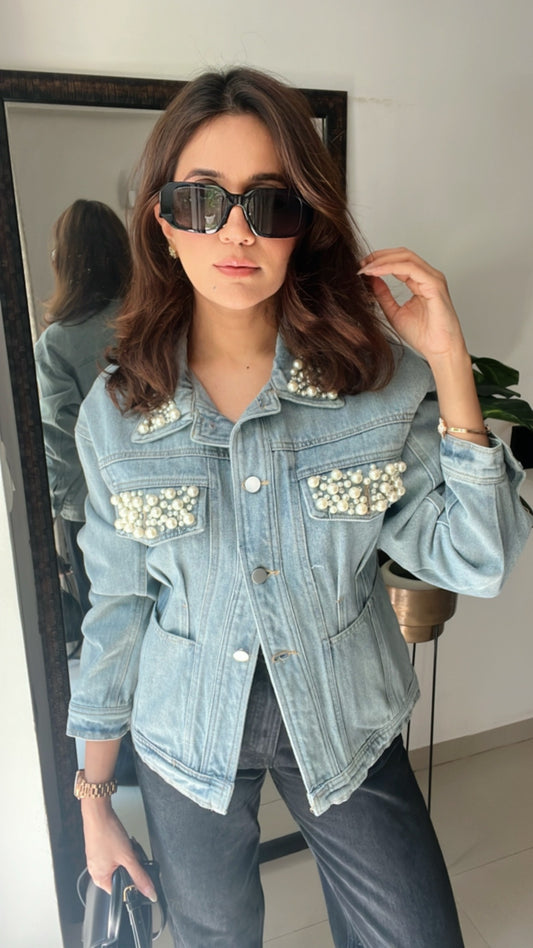 Pearl Detailed Denim Fall Jacket