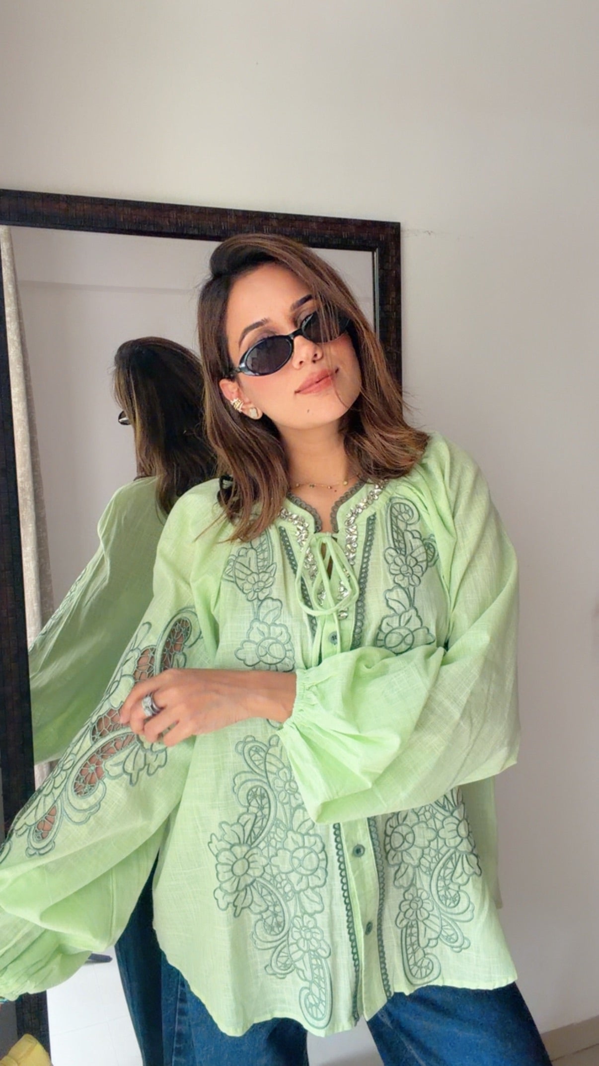 Studded Neck Linen Oversized Shirt Blouse
