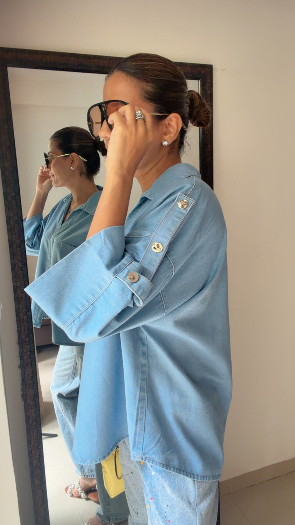 Washed Denim Oversized Shirt with Studded Sleeves