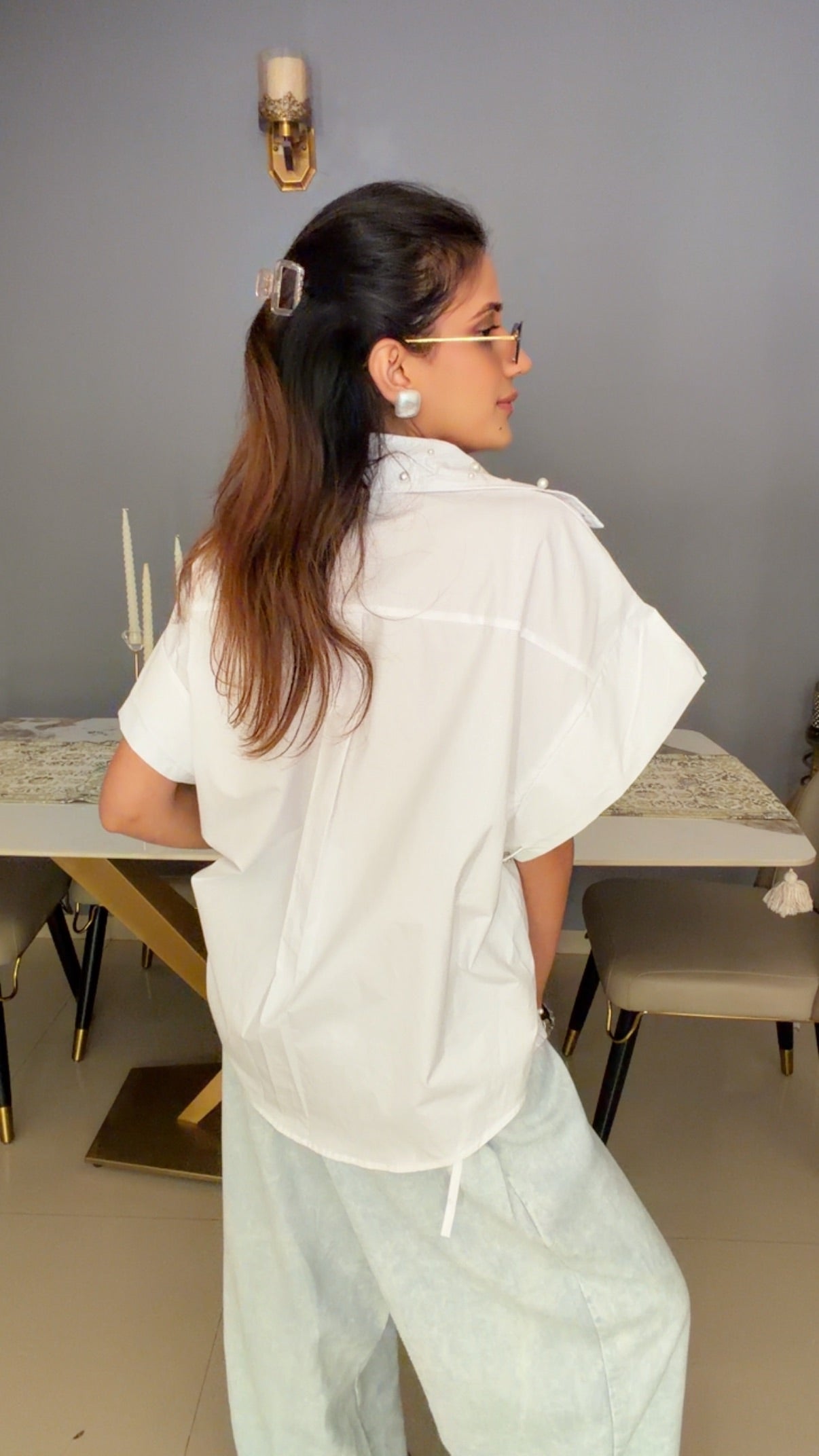 Oversized Pearl Embedded Poplin Shirt