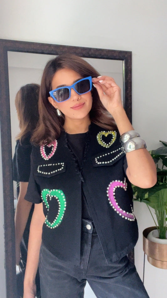 Multi Color Studded Heart Denim Fall Vest