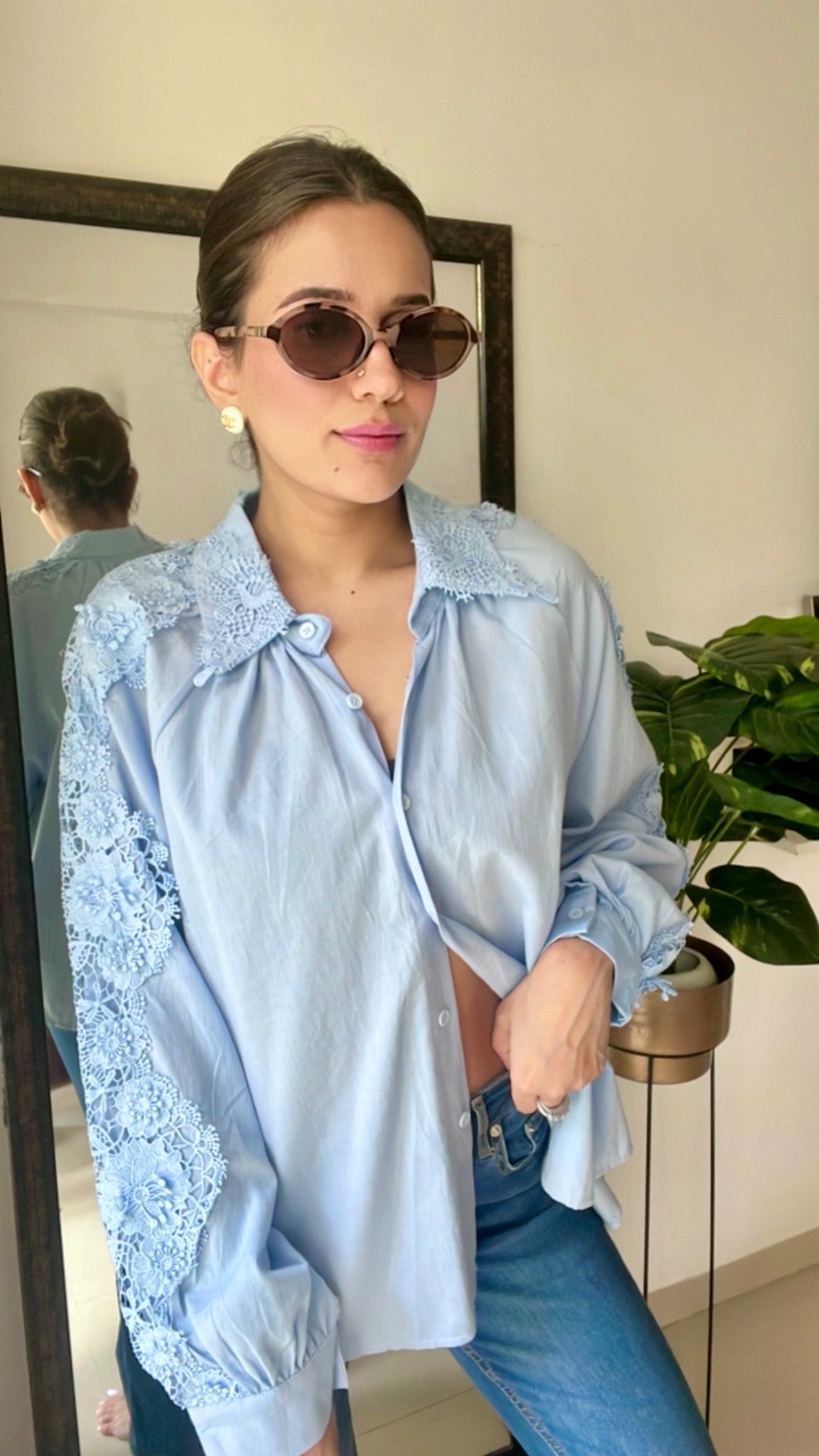 Flower Crochet Patch Linen Shirt