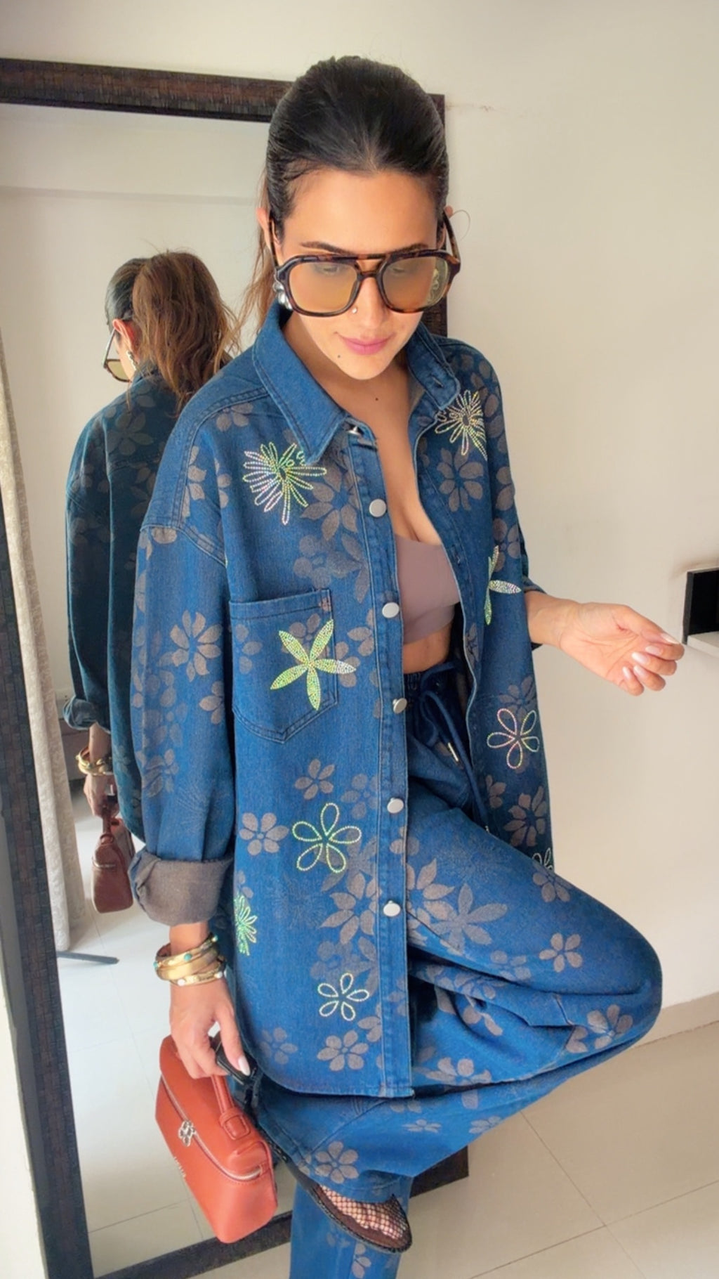 Denim Swarovski Studded Flower Co-ord Set