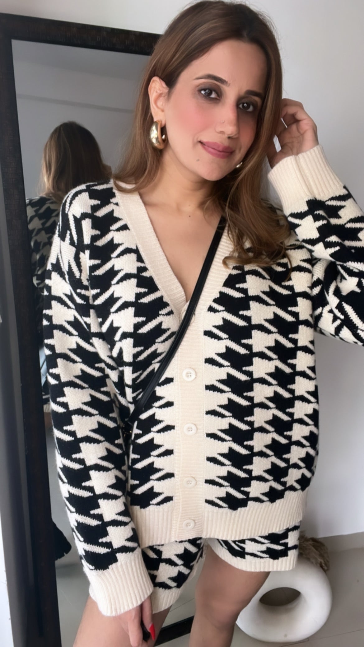 Houndstooth Knitted Shorts Fall Co-ord Set